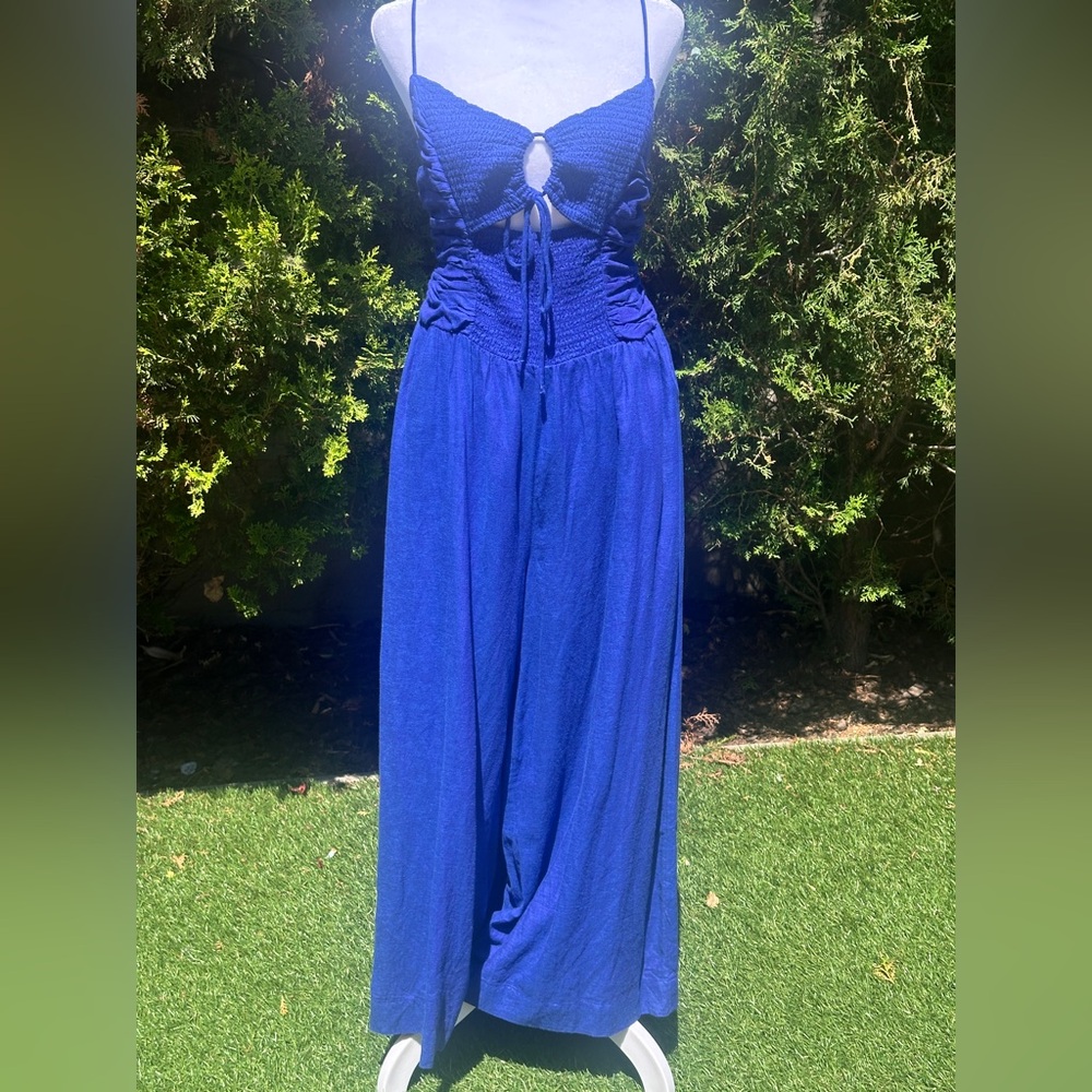 Free People Navy Blue Chiara Halter Jumpsuit/Playsuit with Wide-Leg Design